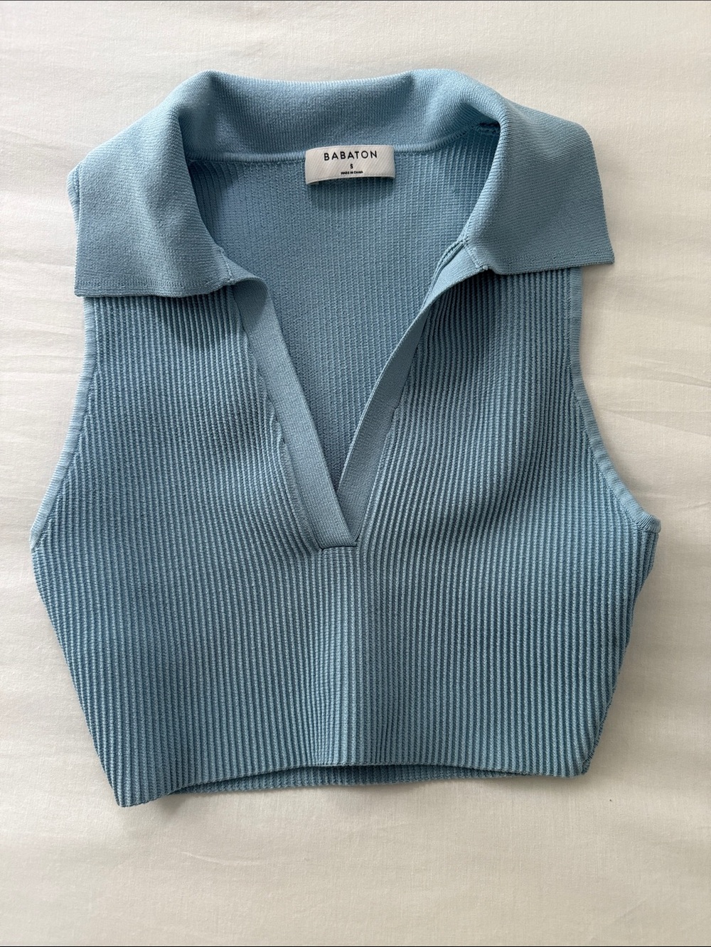 Babaton Dusty Blue Ribbed Knit Polo Crop Tank